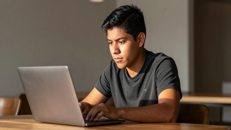 Estudiante mestizo en luz cálida y laptop