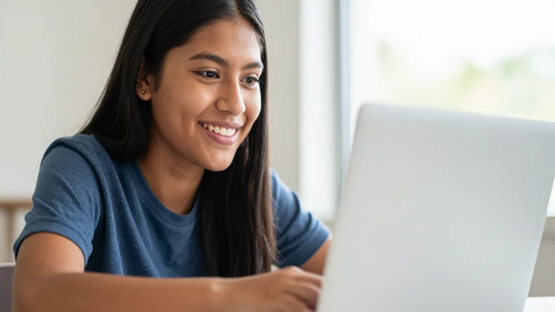 Joven mexicana sonríe con su laptop