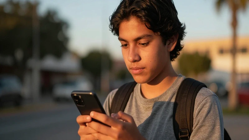 Joven mestiza, usa su móvil a contraluz