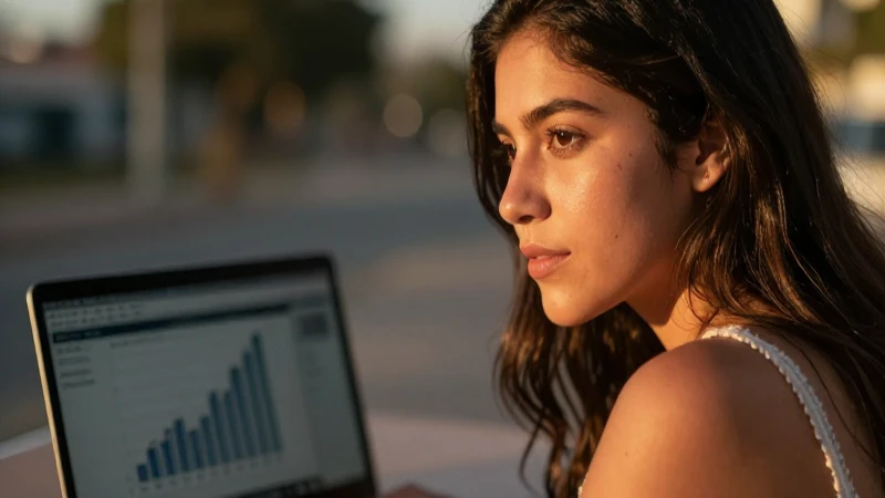 Joven mexicana con laptop, luz cálida y fondo suave