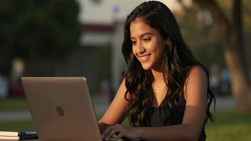 Joven mexicana sonríe al aire libre, usando una laptop