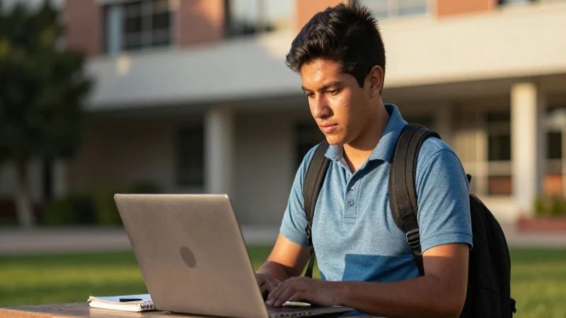 Joven estudiante mexicano, luz dorada y campus universitario