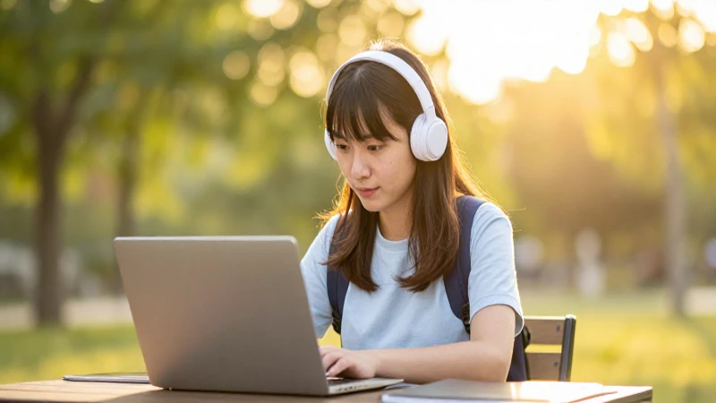 BECAS BENITO JUÁREZ 2026: ¡Descubre REQUISITOS y MÁS! 2 Estudiante, laptop, luz dorada y bokeh vibrante