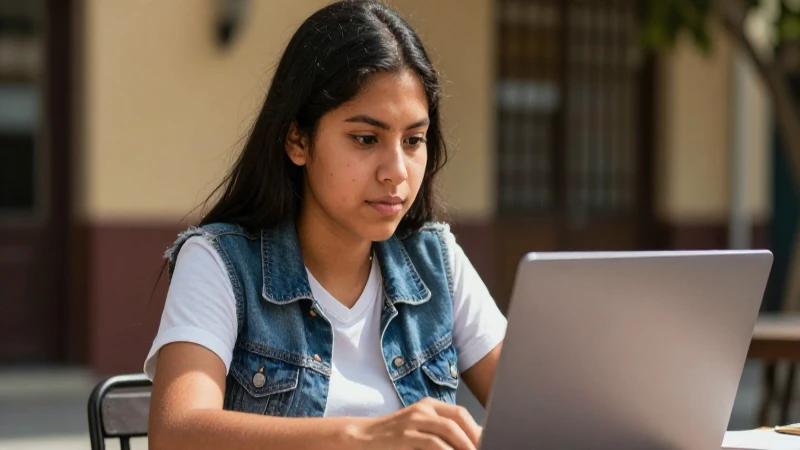 Buscador De Estatus 2026: Descubre Tu BECA AHORA 8 Estudiante mestizo, piel bronceada, luz cálida y laptop