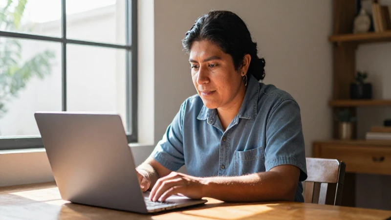 BECAS JÓVENES ESCRIBIENDO EL FUTURO 2026: CUÁNDO REGISTRARTE 8 Mexicana, laptop, sol, cálida y luminosa