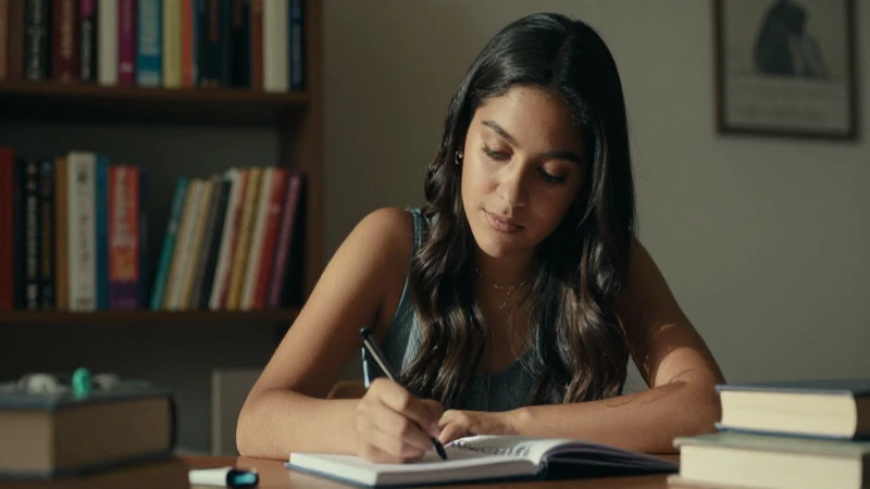 Joven mestiza escribe en un estudio soleado