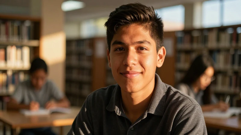 Joven mexicano estudia en una biblioteca luminosa