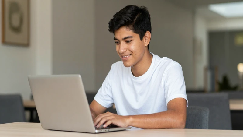 Joven estudiante con laptop, mirada esperanzadora
