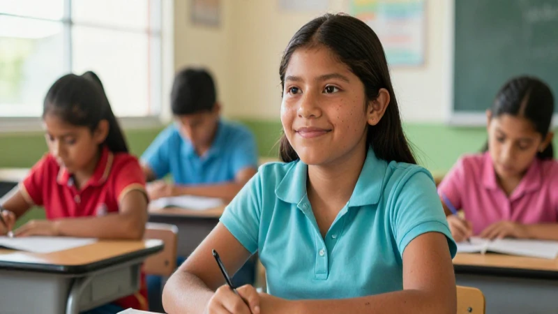 Joven mestiza sonríe en un aula luminosa