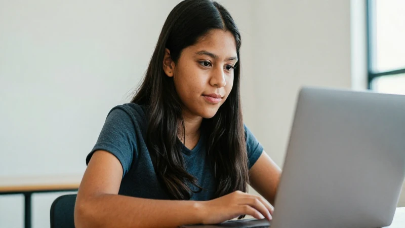 Consigue tu Cita Beca Benito Juárez 2026 de forma rápida 4 Joven mestiza, laptop, luz cálida y natural