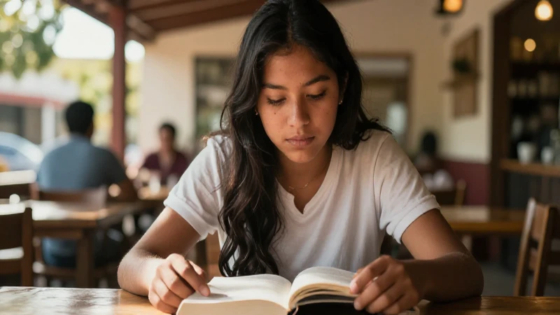 Joven mestiza estudia bajo el sol cálido