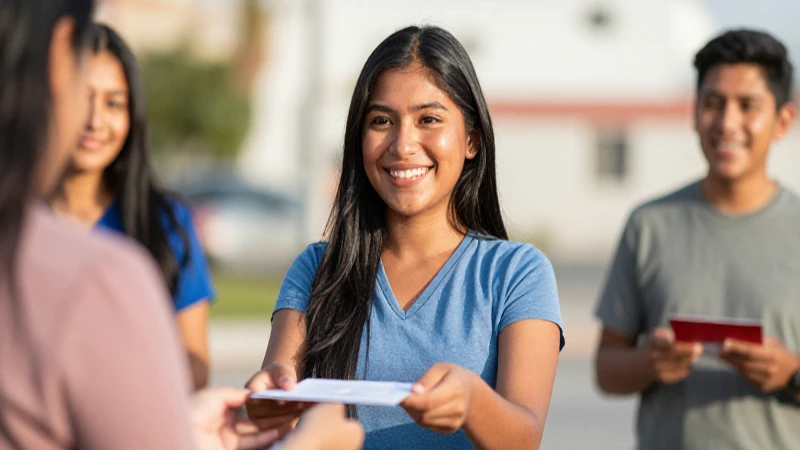 Entrega de TARJETAS: ¡JÓVENES Escribiendo el FUTURO! 4 Jóvenes mestizos sonríen bajo el sol cálido