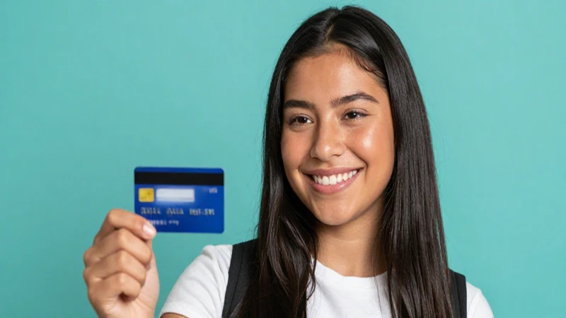 Joven mexicana sonríe con tarjeta de débito