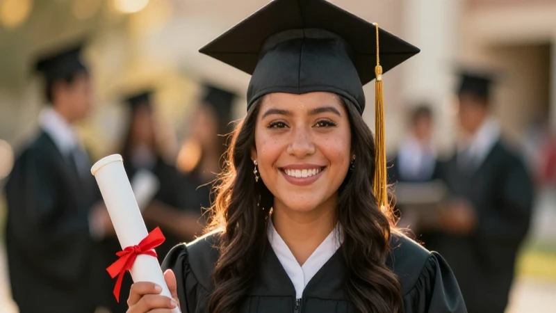 Joven mestiza sonríe con diploma al atardecer