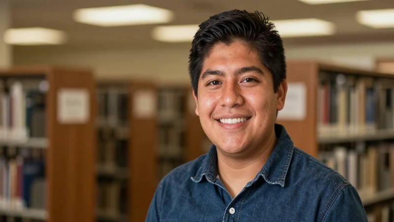 Estudiante mexicana sonríe en la biblioteca