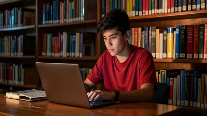Beca JÓVENES ESCRIBIENDO el FUTURO 2026: ¡Inscríbete Ya! 5 Estudiante mexicano en biblioteca, luz dramática