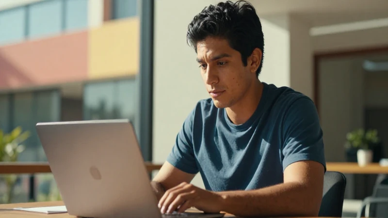 Consulta el Estatus de la Beca Benito Juárez ¡Descúbrelo! 3 Joven mestizo usa laptop en oficina luminosa