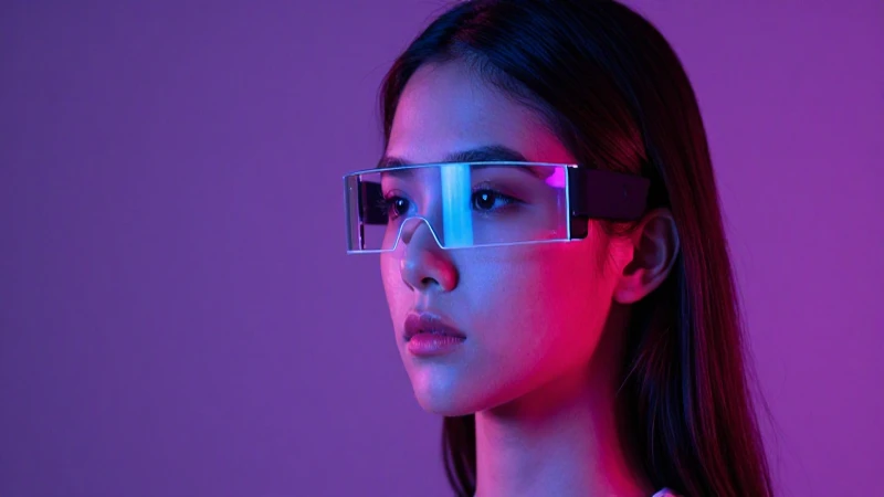 Joven con gafas AR, luces neón vibrantes