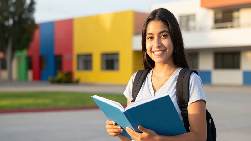 Estudiante mexicano sonríe en un campus soleado