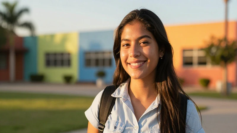 Estudiante mestizo sonríe en campus colorido