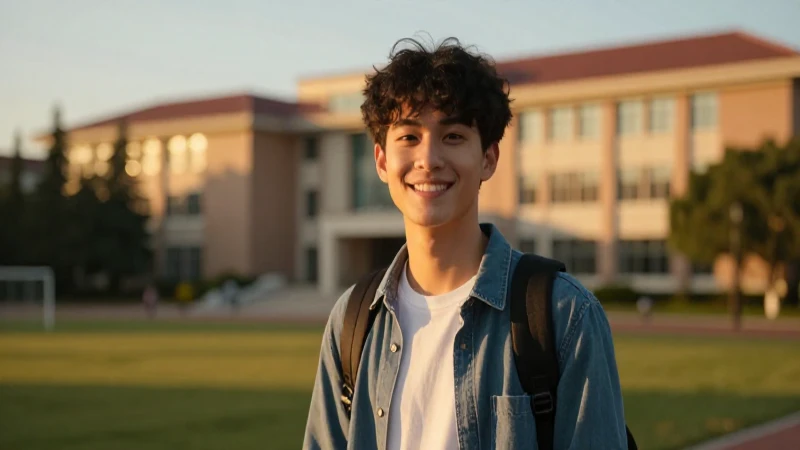 Estudiante sonríe en un campus cálido