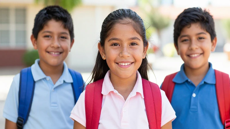 Niños mestizos sonríen con sus mochilas